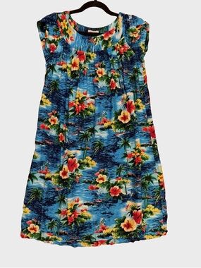 Made in Hawaii Tropical Floral Cotton Shift Dress Blue M |‎ Aloha Beach Resort